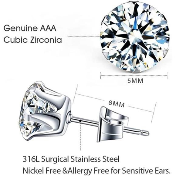 6 Pair Multi Colored Stainless Steel Earrings Set Hypoallergenic Cubic Zirconi - Picture 2 of 7